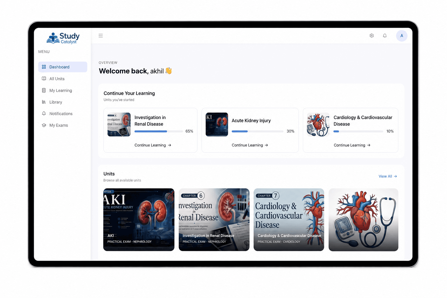 Study Catalyst learning dashboard — courses, progress tracking and unit library